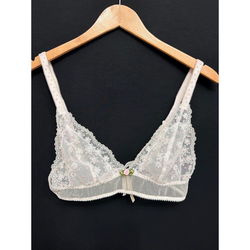 For Love & Lemons Women's Bra White Lace Floral Pink Polka Dot Coquette Medium